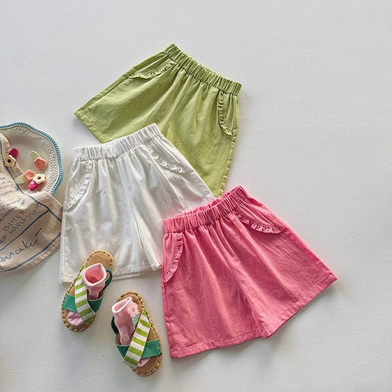 XTY-Girls' Short Summer Thin Pure Cotton Ruffles Crawler Woven Shorts Children's Pure Color All-Matching Shorts