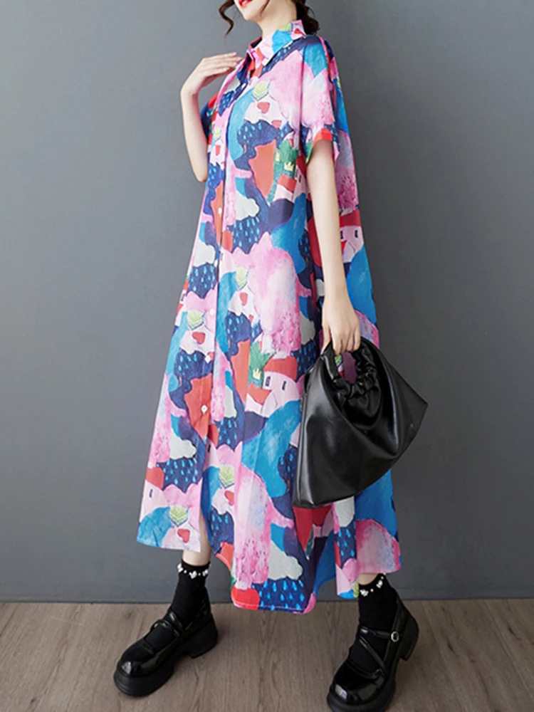 XITAO, vestido camisero Irregular con estampado holgado, informal, corte en A, un solo pecho, vestido de verano de manga corta con cuello vuelto para mujer ZMY1136