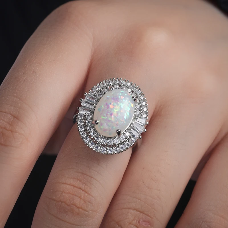 Classic Silver Color Romantic CZ Big Oval Resin Rings for Women Wedding Band Rings Anniversary Gifts Fashion Jewelry