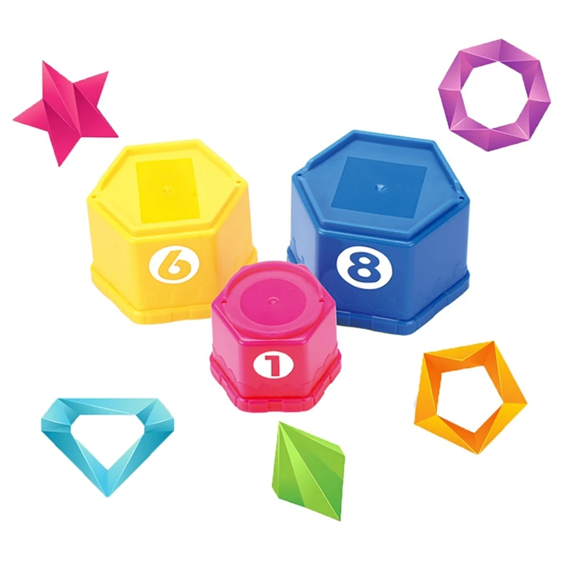 Tazas apilables para bebés, bloques de construcción educativos de oso para niños, tazas apilables, fruta Digital, juguetes de baño de agua Hexagonal A