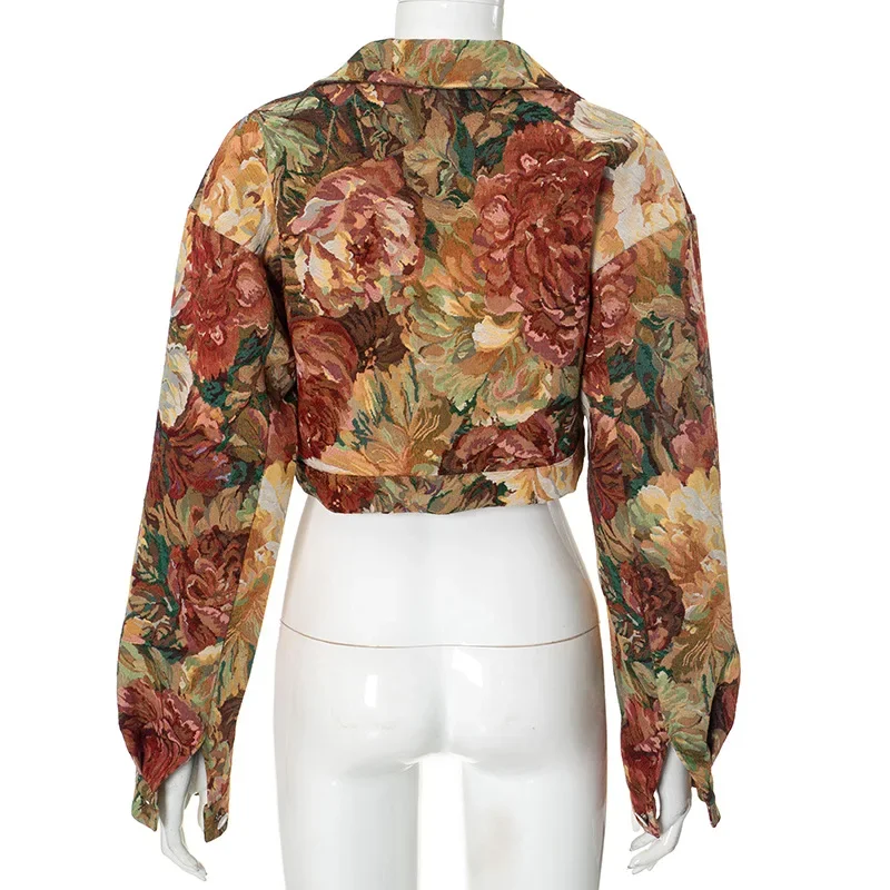 Vintage 3D Flowers Jacquard Crop Jackets Top Women Fashion Turn Down Collar Long Sleeve Single Breasted Coats Casual Outerwear