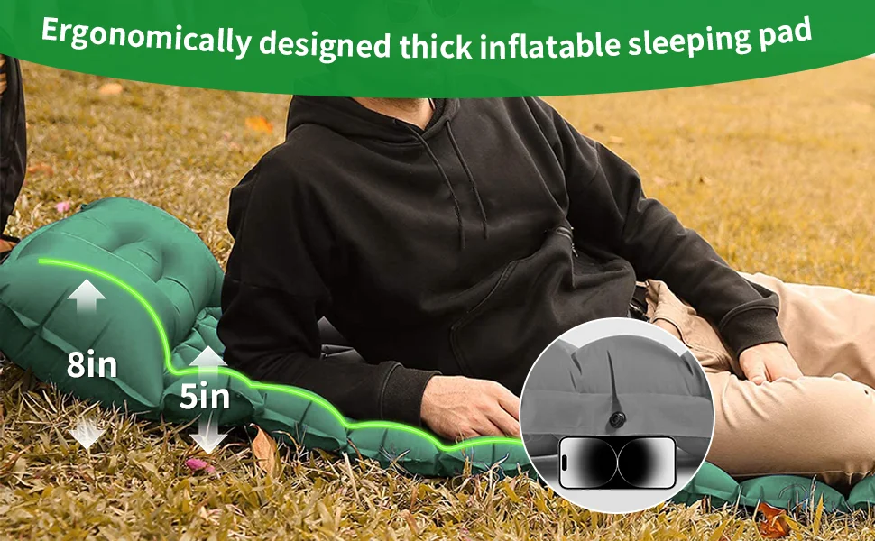Ultraleichte, extra dicke 4-Zoll-Camping-Isomatte mit integriertem Kissen und Fußpumpe, aufblasbare Isomatte für Camping im Freien – Detail 2