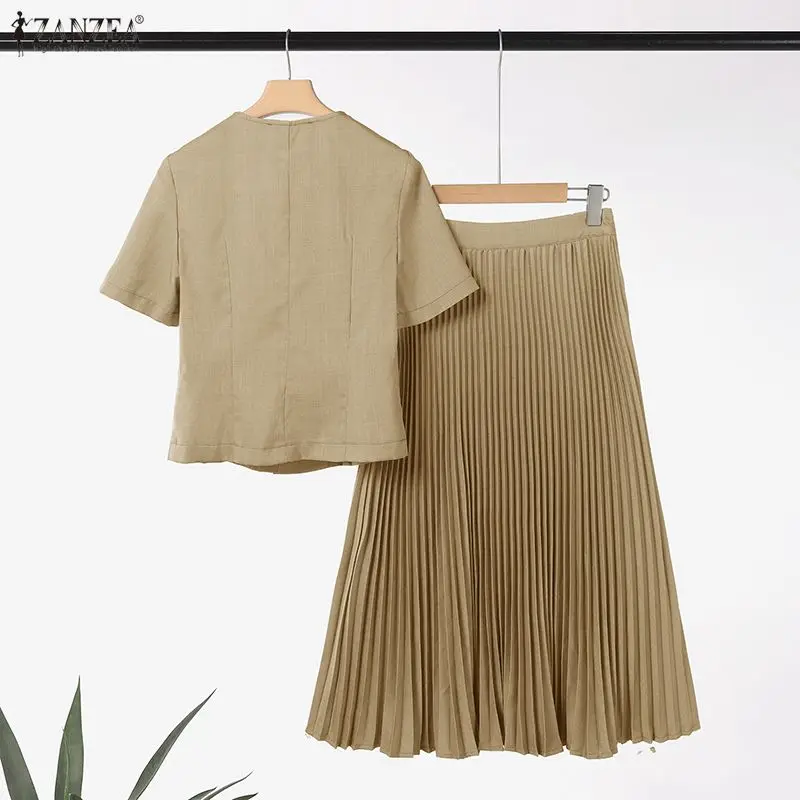 2026 ZANZEA Women Elegant Sets Summer V-Neck Short Sleeve Loose Shirts and Pleated Long Skirts Casual Dress Sets Solid 2pcs