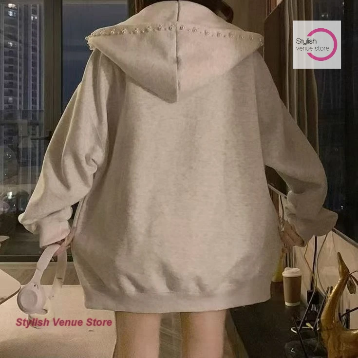 American retro Pearl hooded beaded cardigan sweater women's autumn and winter new fashion embroidery design loose zipper coat.