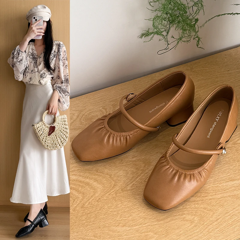 

Милые женские туфли-лодочки без шнуровки на квадратном среднем каблуке с квадратным носком для женщин, женские туфли Мэри Джейн из однотонной кожи с квадратной пряжкой