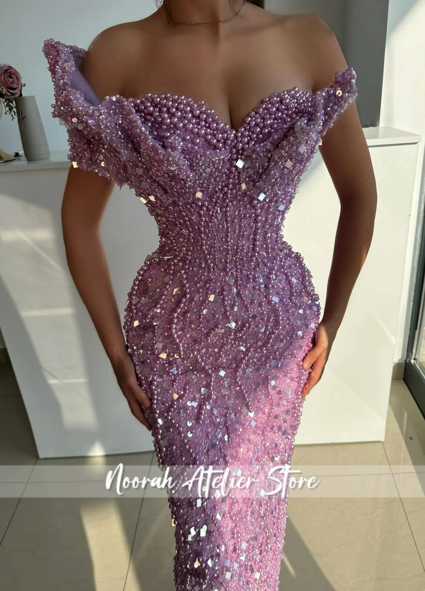 Lilla lucido Una spalla Arabia Saudita Paillettes Perle Abiti da sera di lusso 2025 Abito da sposa فساتmaveraAbito da ballo Personalizzato