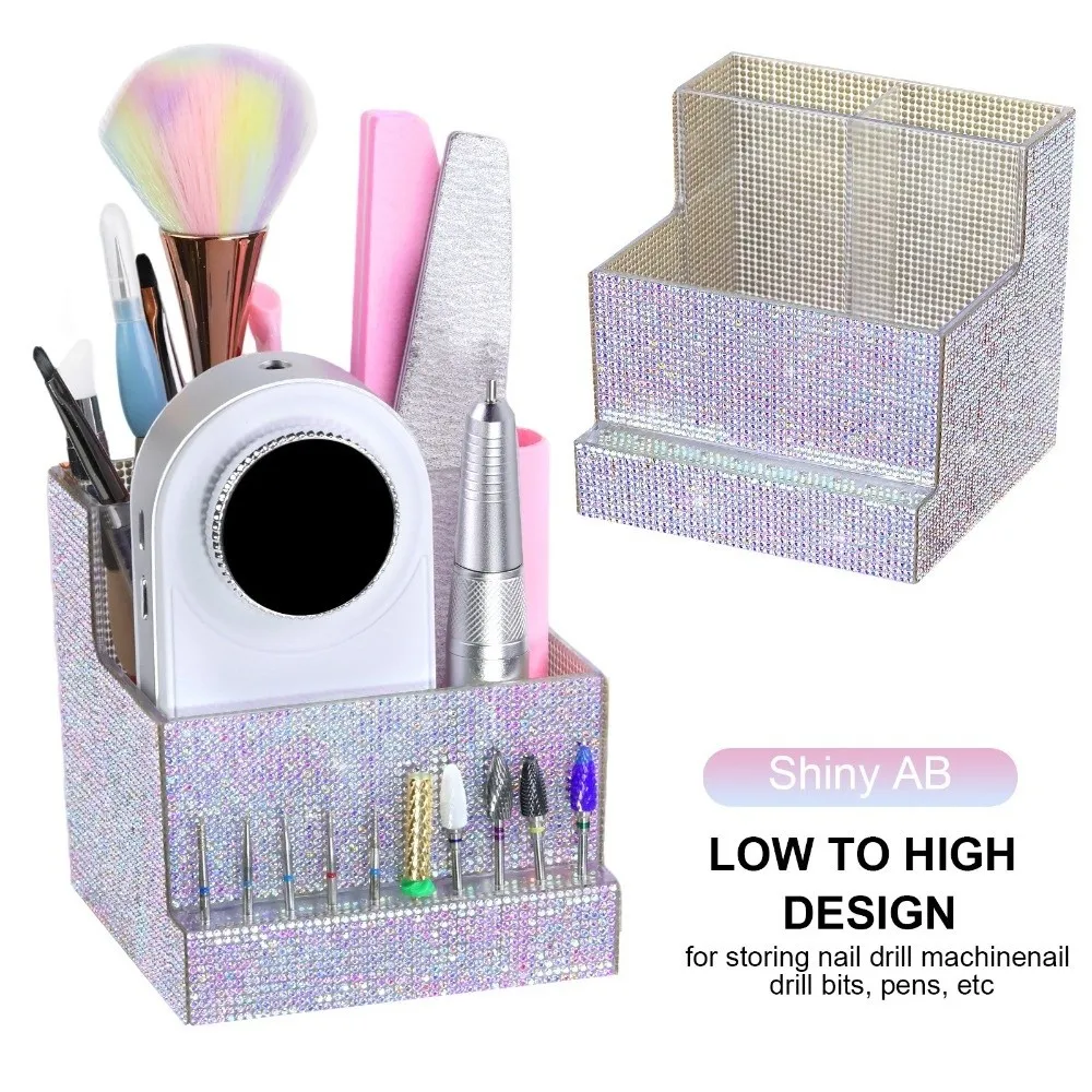 Full Rhinestone Nail Art Tool Organizer Large Capacity Dual Compartment Drill Bit Holder Multifunctional 10 Slot Holder