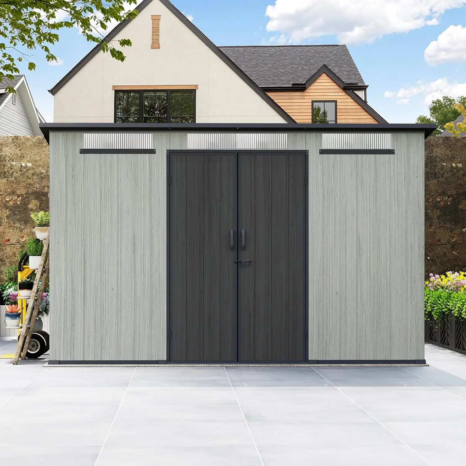 ！@Outdoor Resin Storage Shed Lockable Door Waterproof Plastic Garden Tool Shed Windows Vents Patio Furniture