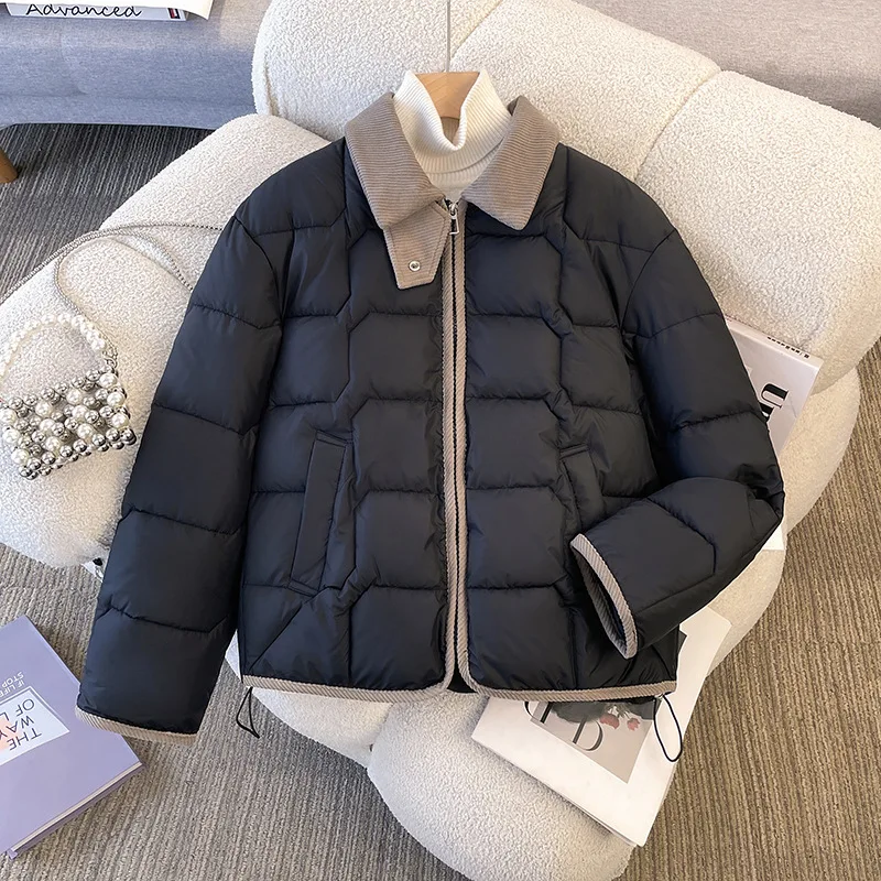 Ropa de algodón cálida y fina para mujer, chaqueta holgada informal acolchada de algodón, Parkas femeninas, Color de solapa corta a juego