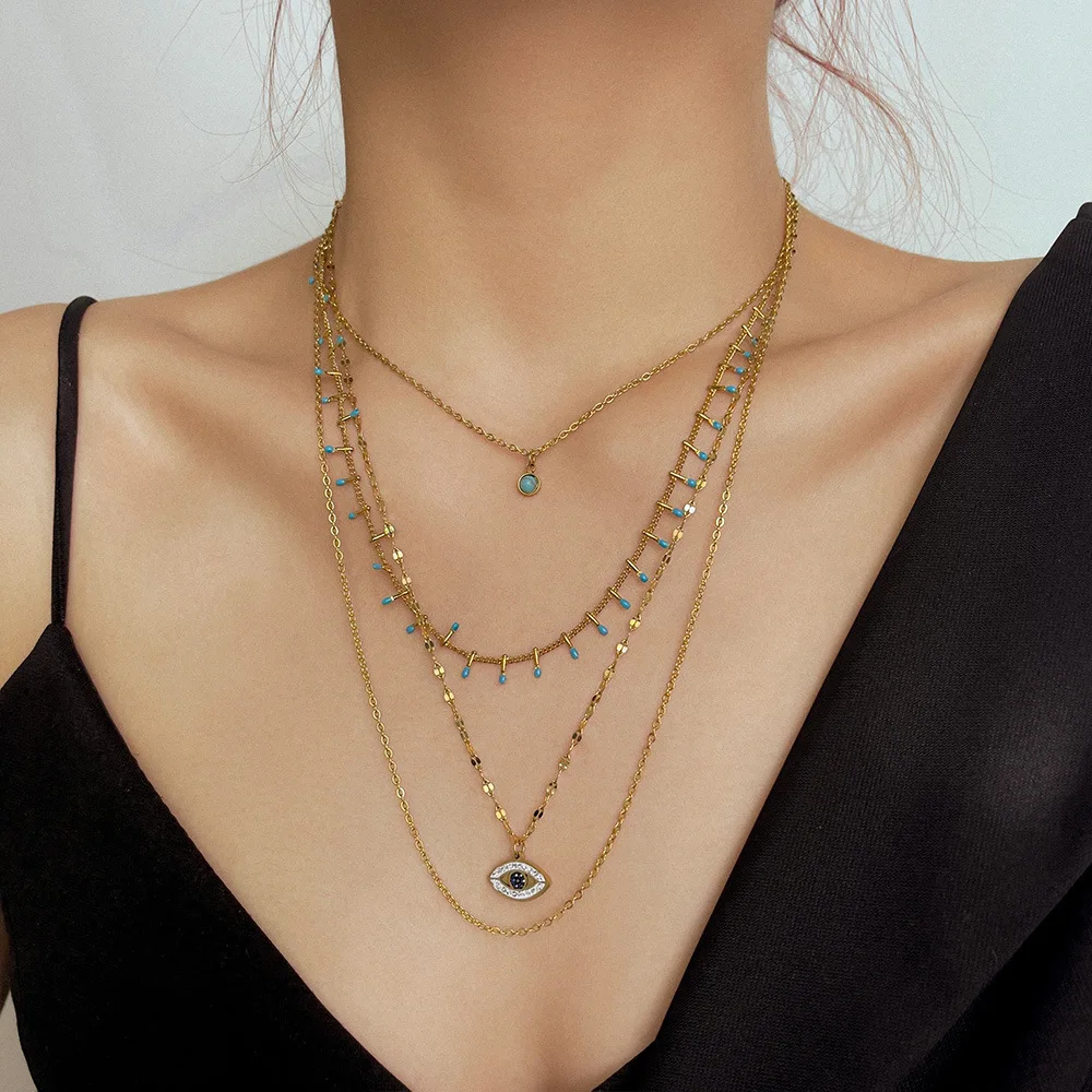 

Bohemian Beaded Multilayer Stainless Steel Chain Necklace Choker Evil Eyes Pendant Women's Daily Party Jewelry Gift