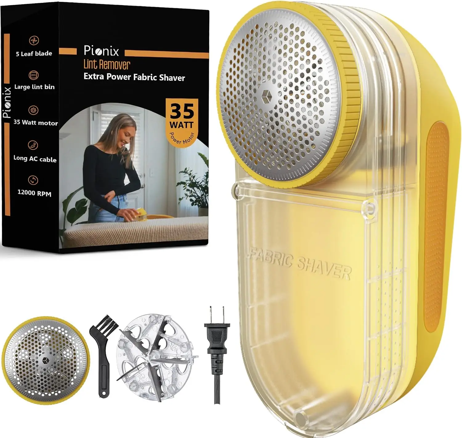 35W Electric Fabric Shaver, Heavy-Duty Lint Remover for Clothes, Upholstery, Furniture and Couch, 12000 RPM Sweater Shaver to Remove Pilling, Large Fuzz Remover, Yellow