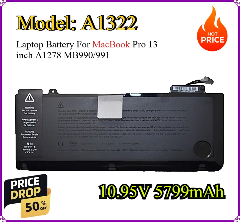 

A1322 10.95V 5799mAh Laptop Battery For MacBook Pro 13 inch A1278 MB990/991