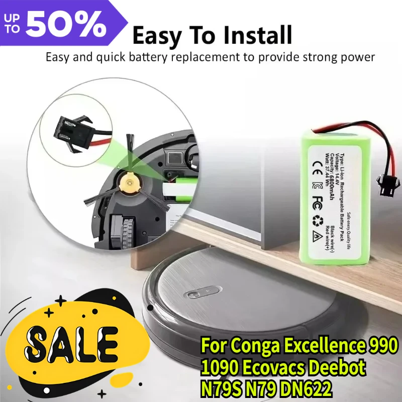 

4S1P 14.4V 6800mAh Lithium ion battery for Conga Excellence 990 1090 Ecovacs Deebot N79S N79 DN622 Eufy Robovac 11 11S 12 35C