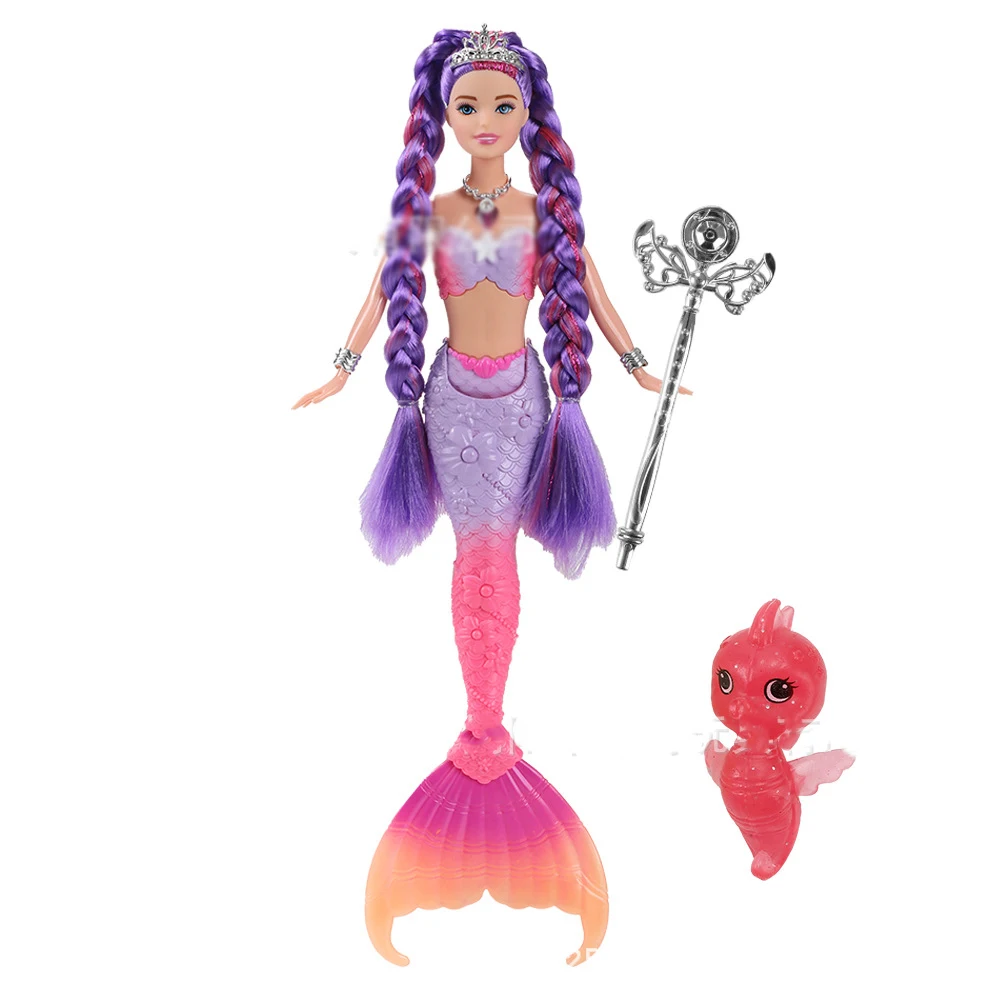 Poupée sirène colorée de 30CM, longue tresse, avec lumières, musique, articulations des mains, poupée mobile, queue de poisson, jouet pour fille, cadeau pour enfants