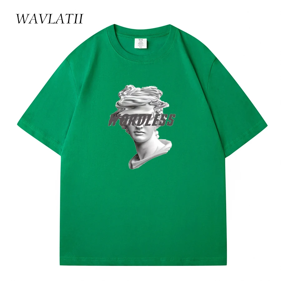 WAVLATII New 2023 Unisex Cool Printed Summer T shirts Women Khaki Casual Cotton Tees Men Grey Sporty  Short Sleeve Tops WT2319