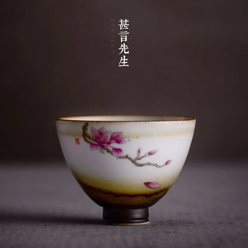 

★Mr. Shi Yan Imitated Wood Fire Cup Hand Painted New Color Magnolia Green Cup High Temperature Kiln Baked Master Cup Tea Cup Tea