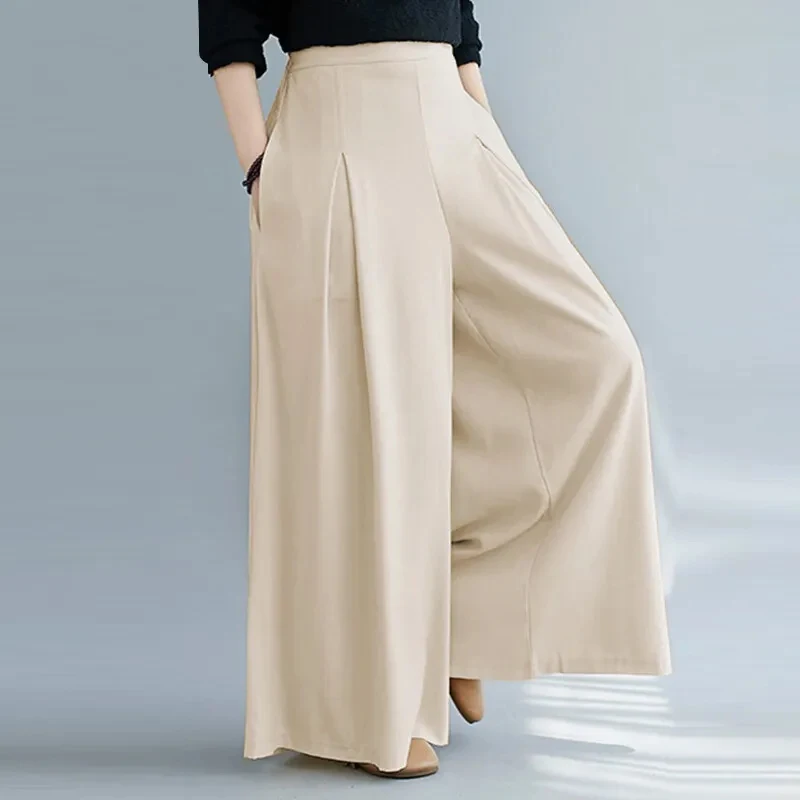 

Summer Women's Casual Loose Wide-leg Pants Solid Color Fashion High Waist Pleated Straight Pants Office Commuter Bell Bottoms