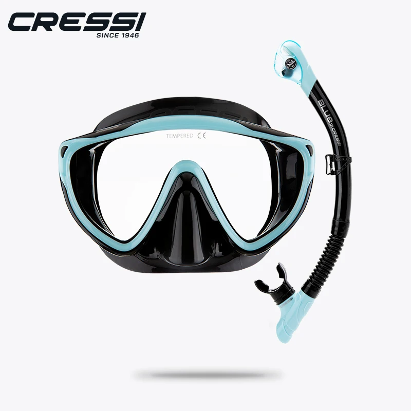 CRESSI Adult Wide View Single Lens Comfortable Snorkeling Mask Tempered Glass & Dry Snorkel Tino & Scilla
