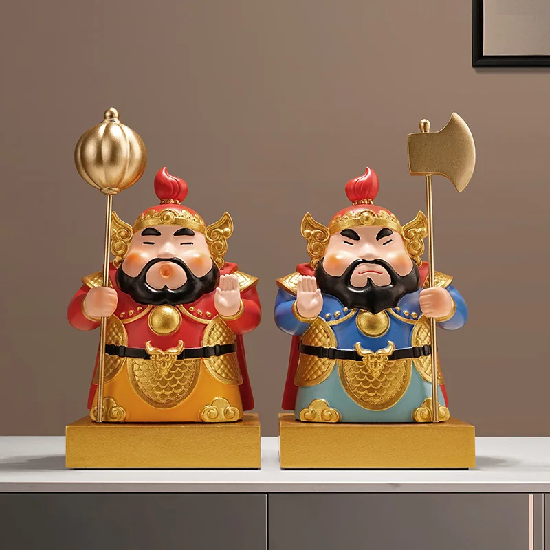 10x10x19cm Creative New Chinese-Style Cartoon Door God Figurines Resin Home Living Room Entryway Bedroom Decor Housewarming Gift