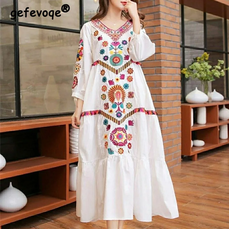 Boho Vintage ethnischen Stil Stickerei Baumwolle Leinen lange Kleider für Frauen 2023 Sommer trend ige Fee lose Strand Urlaub Kleid Robe