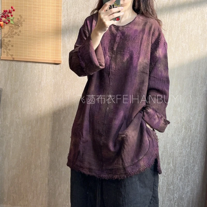 New Arrival Autumn Women Tops Tees Loose Casual Cotton Linen Tassel Design Tie Dye O-neck Long Sleeve Good Quality T-shirt F174