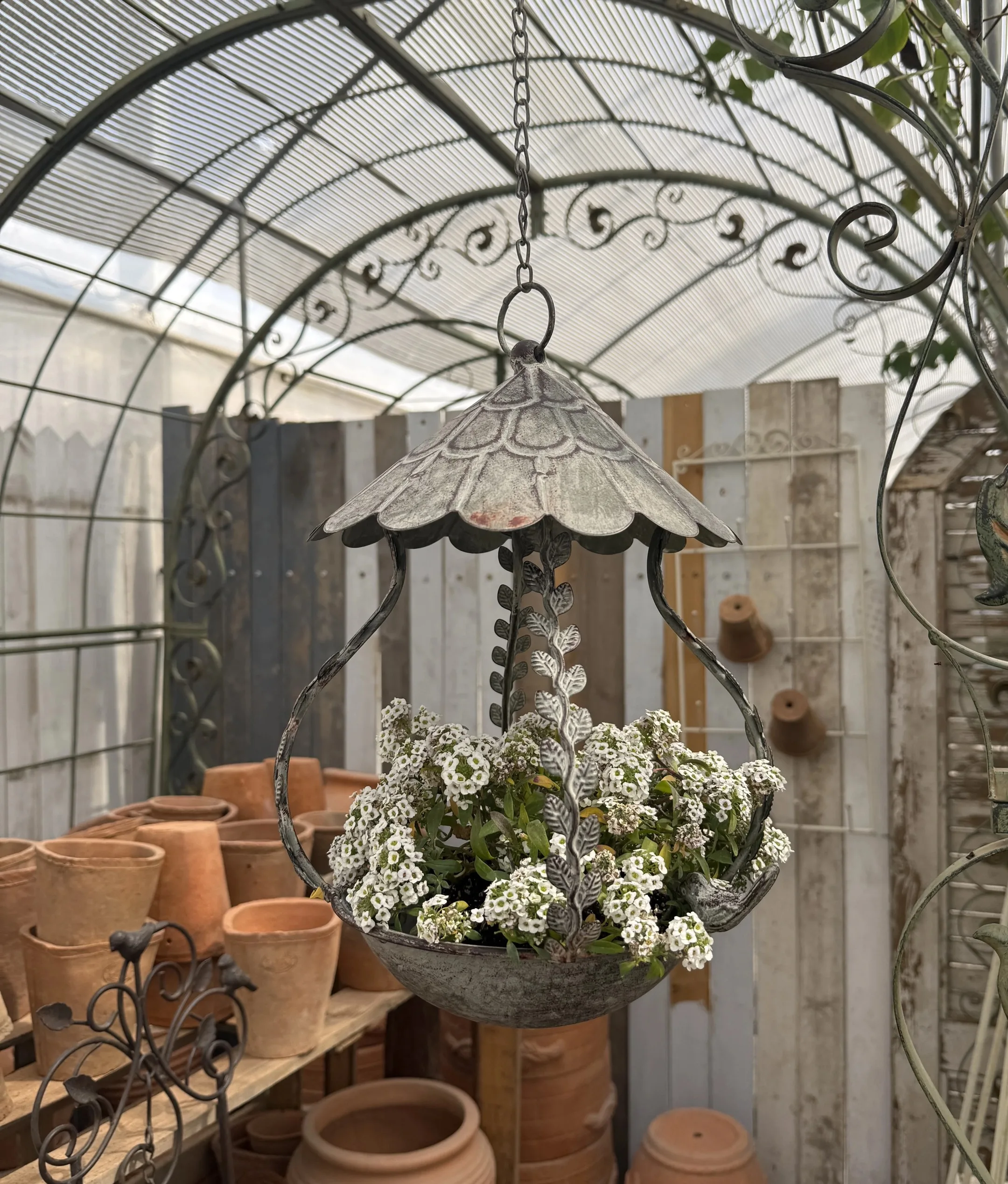 Vintage Iron Hanging Basket Planter with Chain, Decorative Bird Design, Distressed Finish, 27 Inch Total Height, 11 Inch Diamete