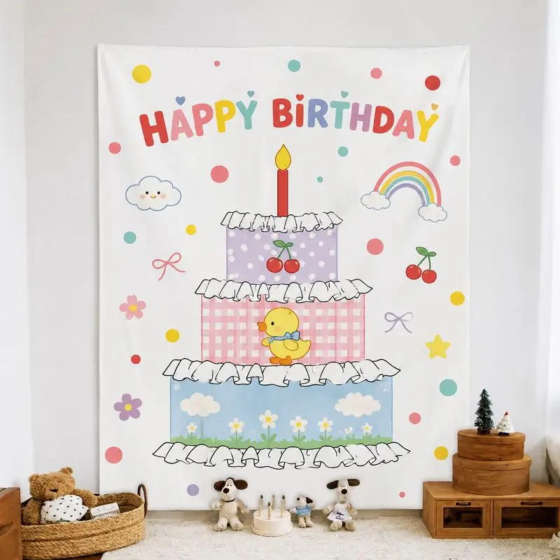 VIKAMA Happy Birthday Tapestry, Cute Bear Cake Party Hanging Decor, Kawaii Birthday Party Photo Backdrop Wall Decoration