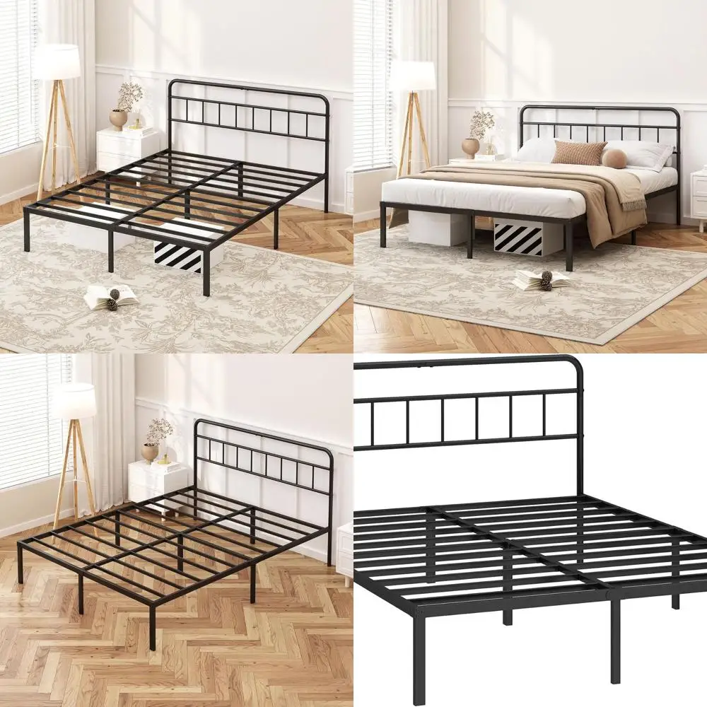 

12 King Metal Bed Frame with Sleek Headboard, Sturdy Slat Support, Storage Friendly, Easy Setup, Black