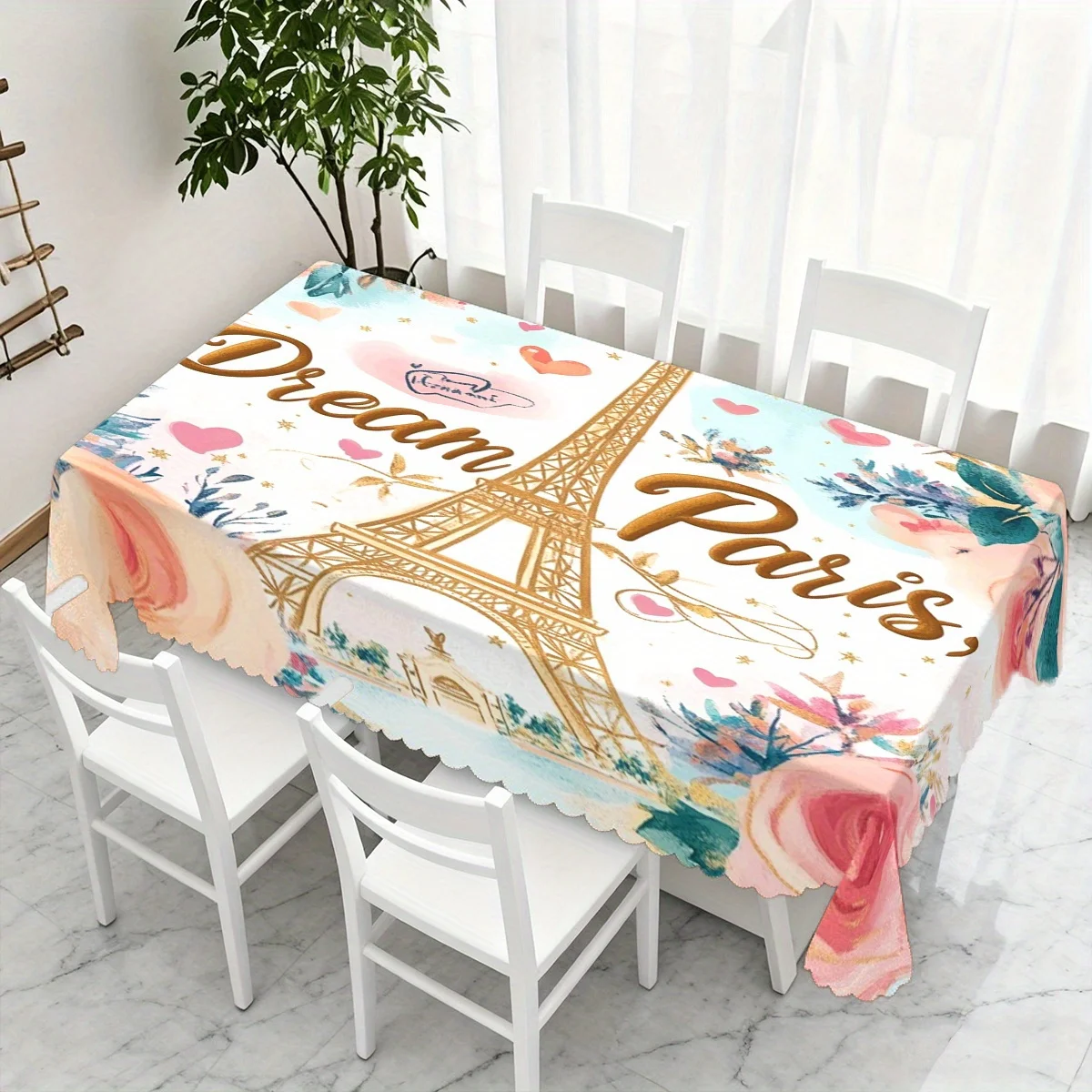 Watercolor Paris Eiffel Tower Love Heart Print Waterproof Washable Tablecloth, Rectangular Table Cover  Indoor Dining Room Decor