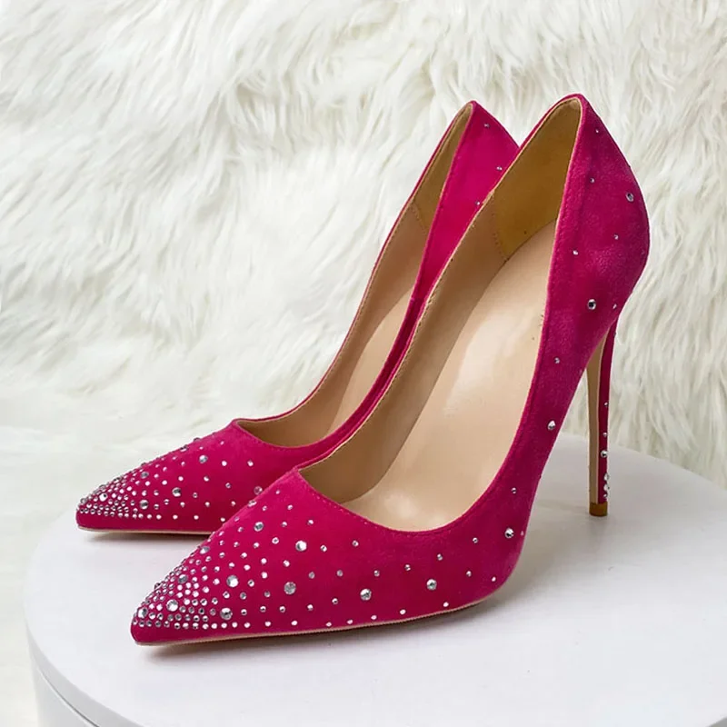 

Розово-розовые женские туфли-лодочки со стразами, элегантные замшевые туфли на шпильке с острым носком на высоком каблуке 12 см, свадебные туфли с бриллиантами SJ010