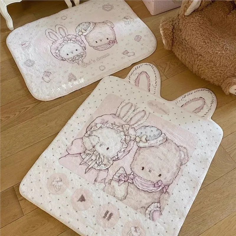Girl Dream Rabbit Bear Carpet Imitation Cashmere Cute Bedside Floor Mat Bedroom Bedside Blanket Coffee Table Blanket Plush Mat