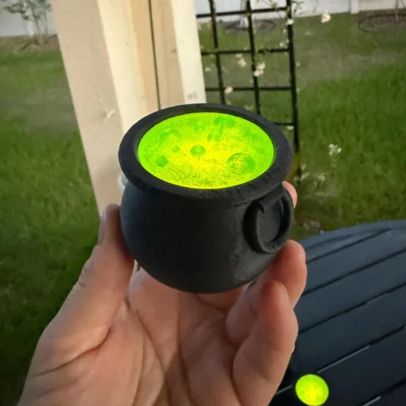 Halloween 3D Printed Witch Cauldron Tealight Holder Glowing Green Bubble Pot Bookshelf Spooky Home Table Decor Lamp