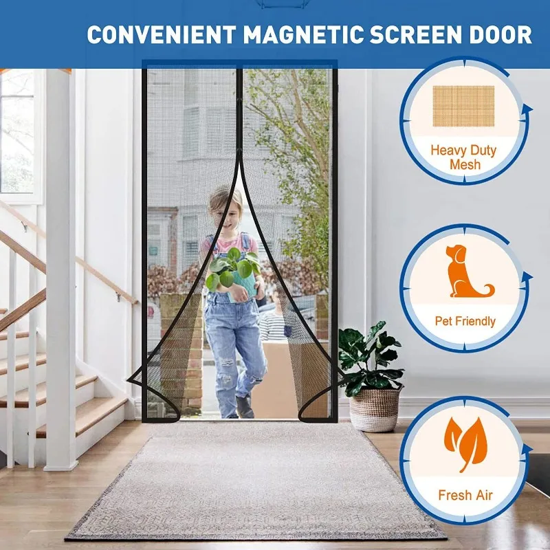 1 Set  Auto Closing Magnetic Door Curtain, Heavy Duty Polyester Mesh for Fly Mosquito Proof, Summer Ventilation with Fresh Air