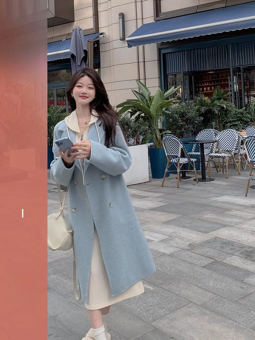 

Double-Breasted Long Woolen Coat Women's Autumn Winter Loose Suit Jaet Double-Sided Camere Medium-Length Ele Sle