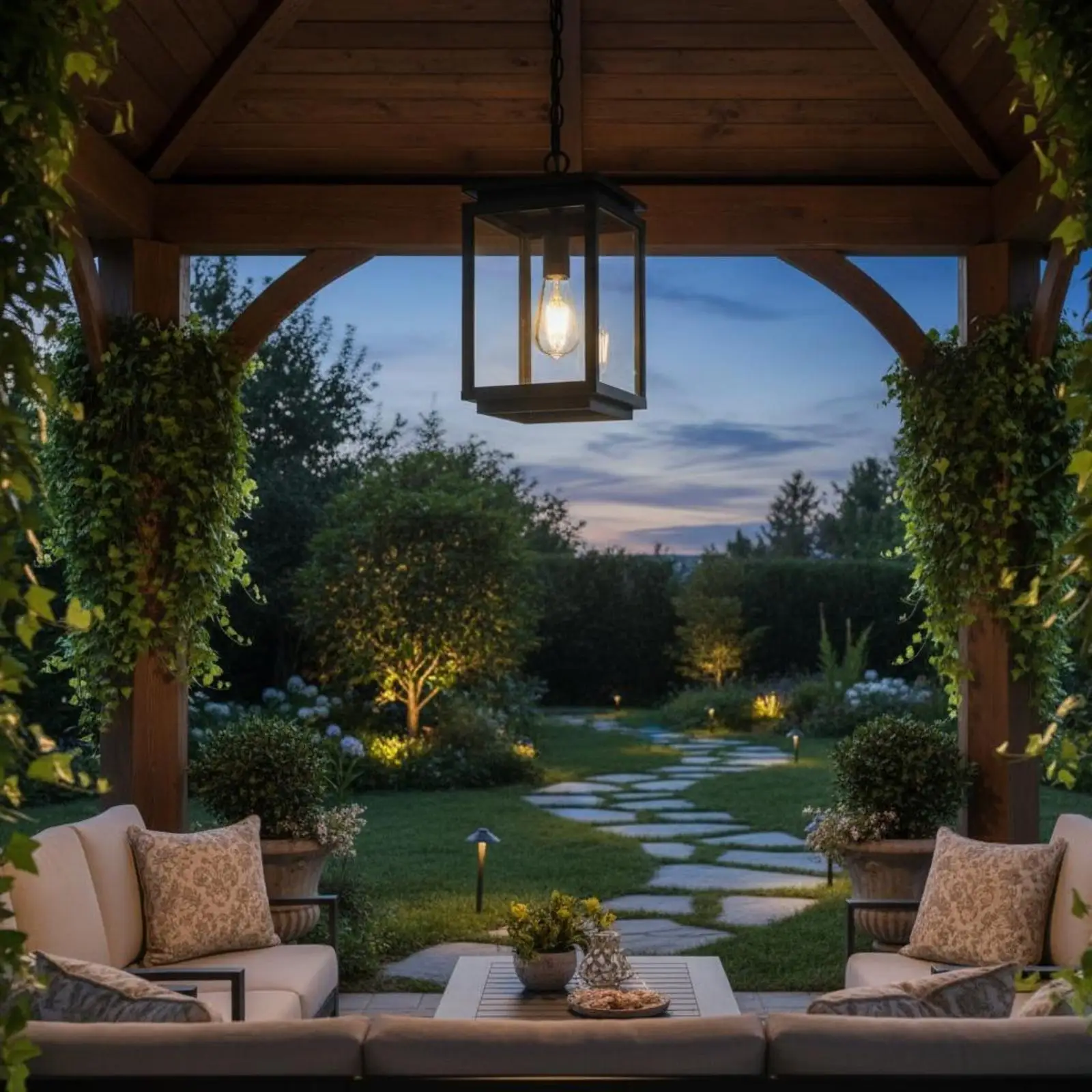 Outdoor Waterproof Rectangular Lantern Pendant Light Aluminum Frame Clear Glass for Garden Patio Covered Walkway Entry