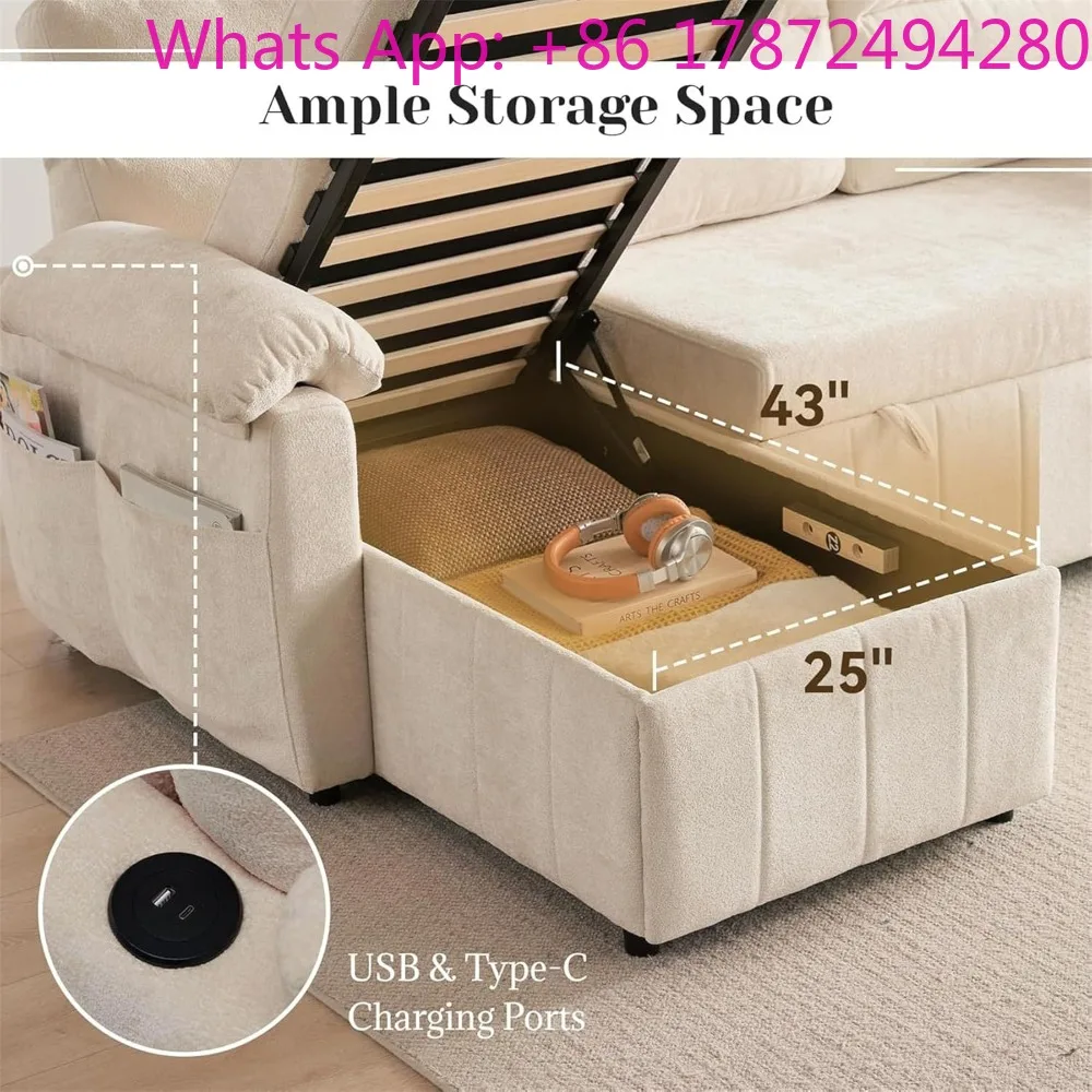 3 in 1 Cloud Sofa Bed Couch with USB & Storage Chaise, Chenille Convertible Sleeper S，84’’ Sleeper Sofa Couch with Pullout Bed