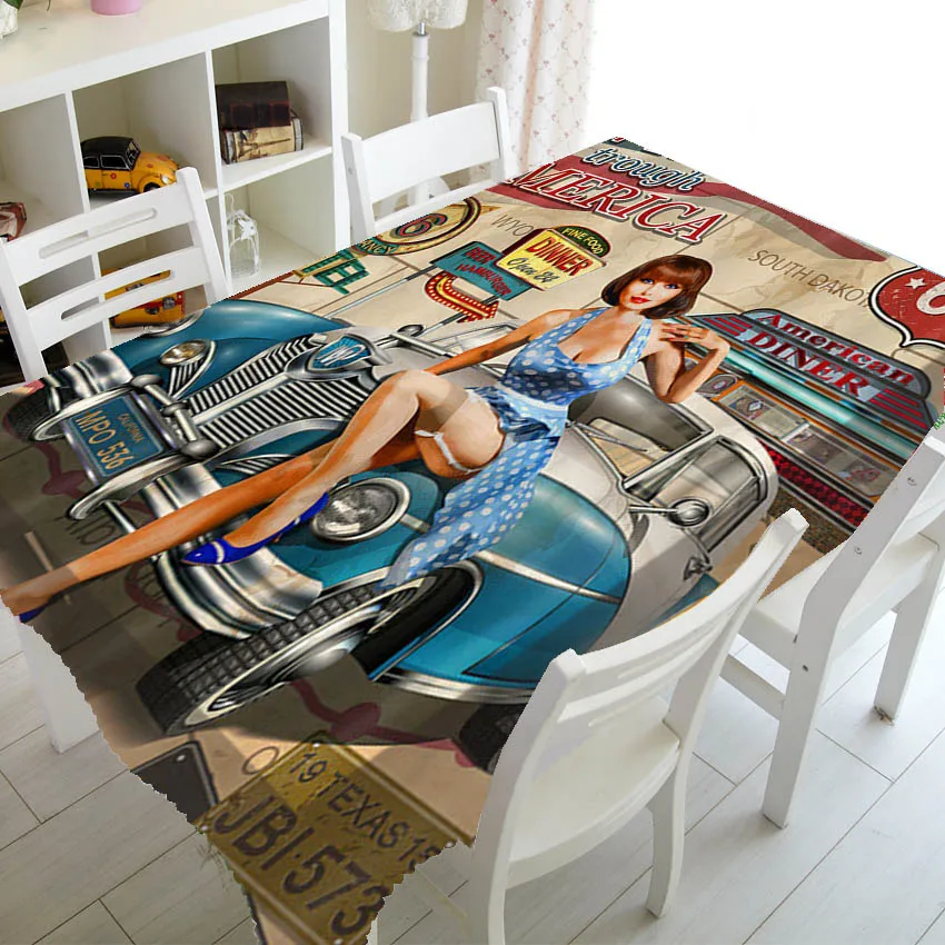 America Vintage Route 66 Poster Tablecloth Old American Route 66 Hot Girl Beauty Table Cloth Cover Rectangle Square Waterproof