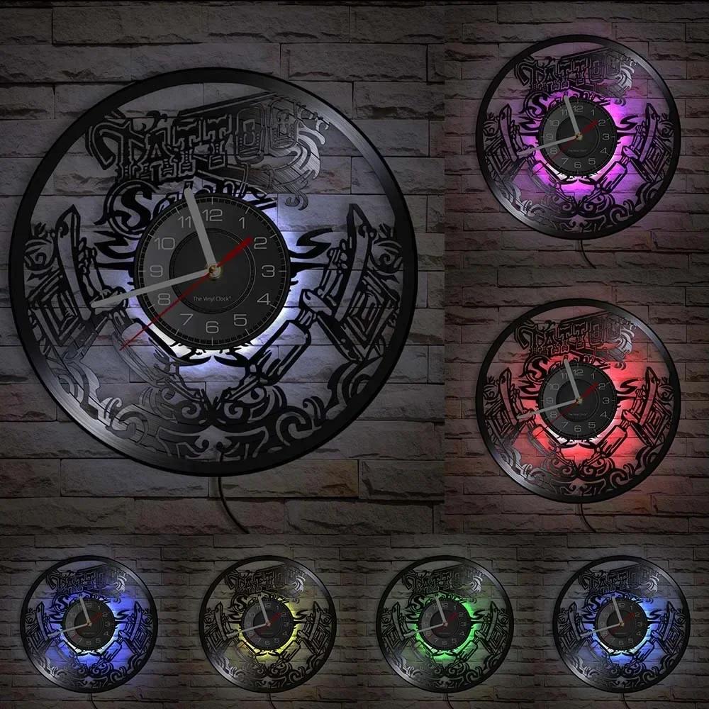 علامة حائط استوديو الوشم ، سجل فينيل الصالونات ، ساعة حائط ، ديكور حائط للحائط ، فكرة هدية محب