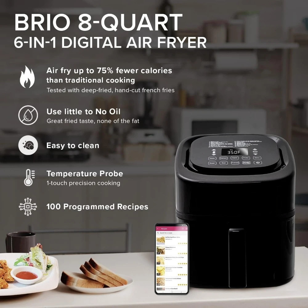 Air Fryer, 1800W, Easy-to-Read Cool White Display, 50°-400°F Temp Controls, Integrated Smart Thermometer, Linear T Technology