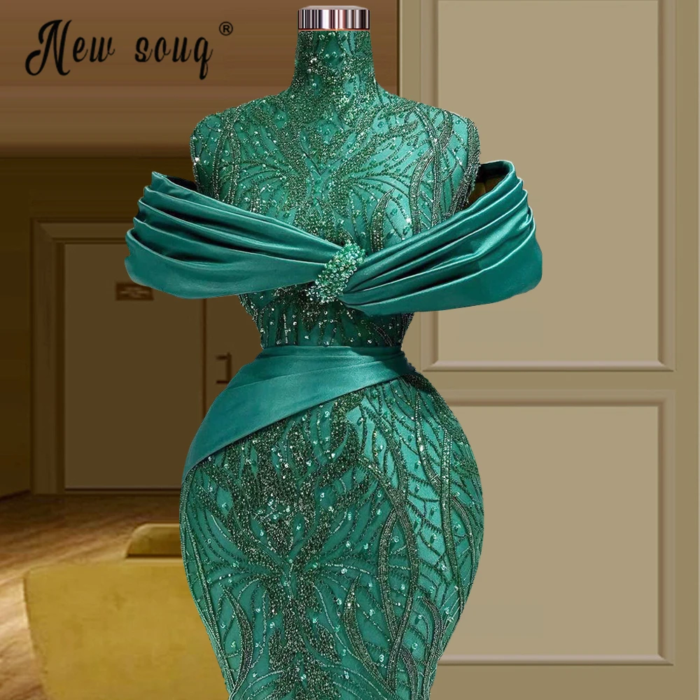 Ladies Emerald Green Evening Dress Muslim Prom Gowns Plus Size Custom Made Beaded Mermaid Celebrity Party Dresses De Soiree