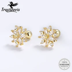 Trustdavis Real 925 Silver Sweet Snowflake CZ Screw Stud Earrings for Women Daily Wear Jewelry Gift DG0061