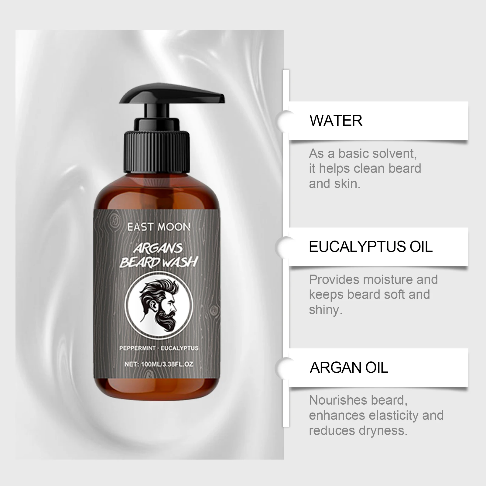 Shampoo de barba masculino-limpeza suave com óleos de eucalipto, argan e jojoba para hidratar, suavizar e evitar quebras-para todos os tipos de pele