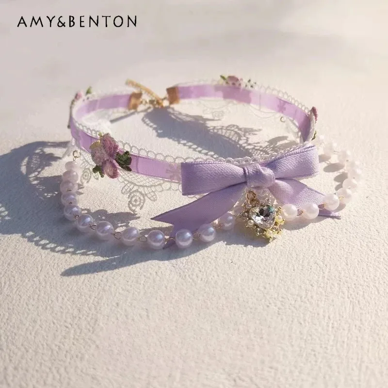 25COSOriginal Lace Pink Bow Pearl Choker Lolita Love Necklace for Women Sweet Cute Girl Double Necklaces Princess Butterfly Neck