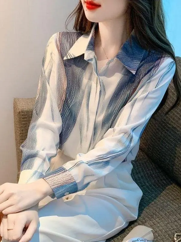 

Long Sve Silk irt Женский дизайн с принтом тай-дай Повседневный осенний топ из качественного материала Удобный крой Ele Sle
