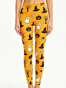 Women Mid‑Rise Fleece Lined Leggings, Halloween Ghost Pumpkin Witch Hat Ethnic Geometric Hem Print Slim Stretch Party Pants