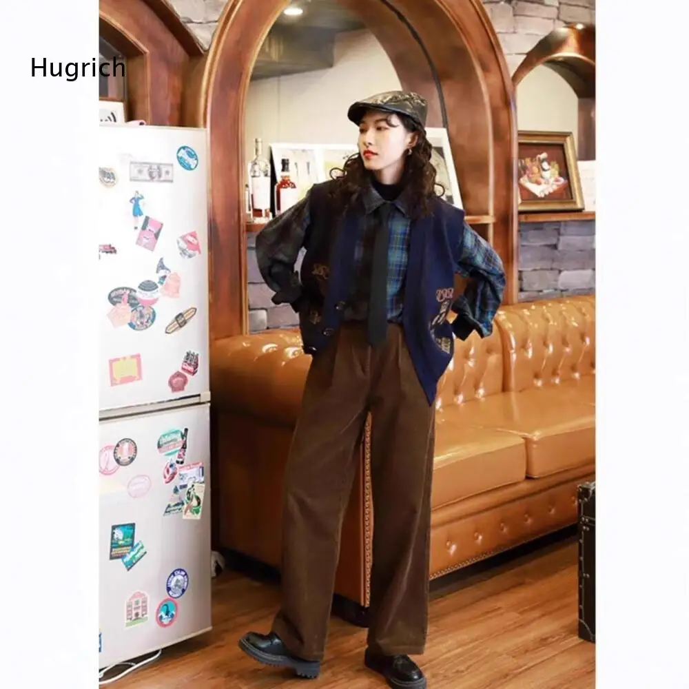 Fall Winter Casual Long Pants Women High Waist Corduroy Material Retro Look Side Pockets Loose Wide Leg Trousers