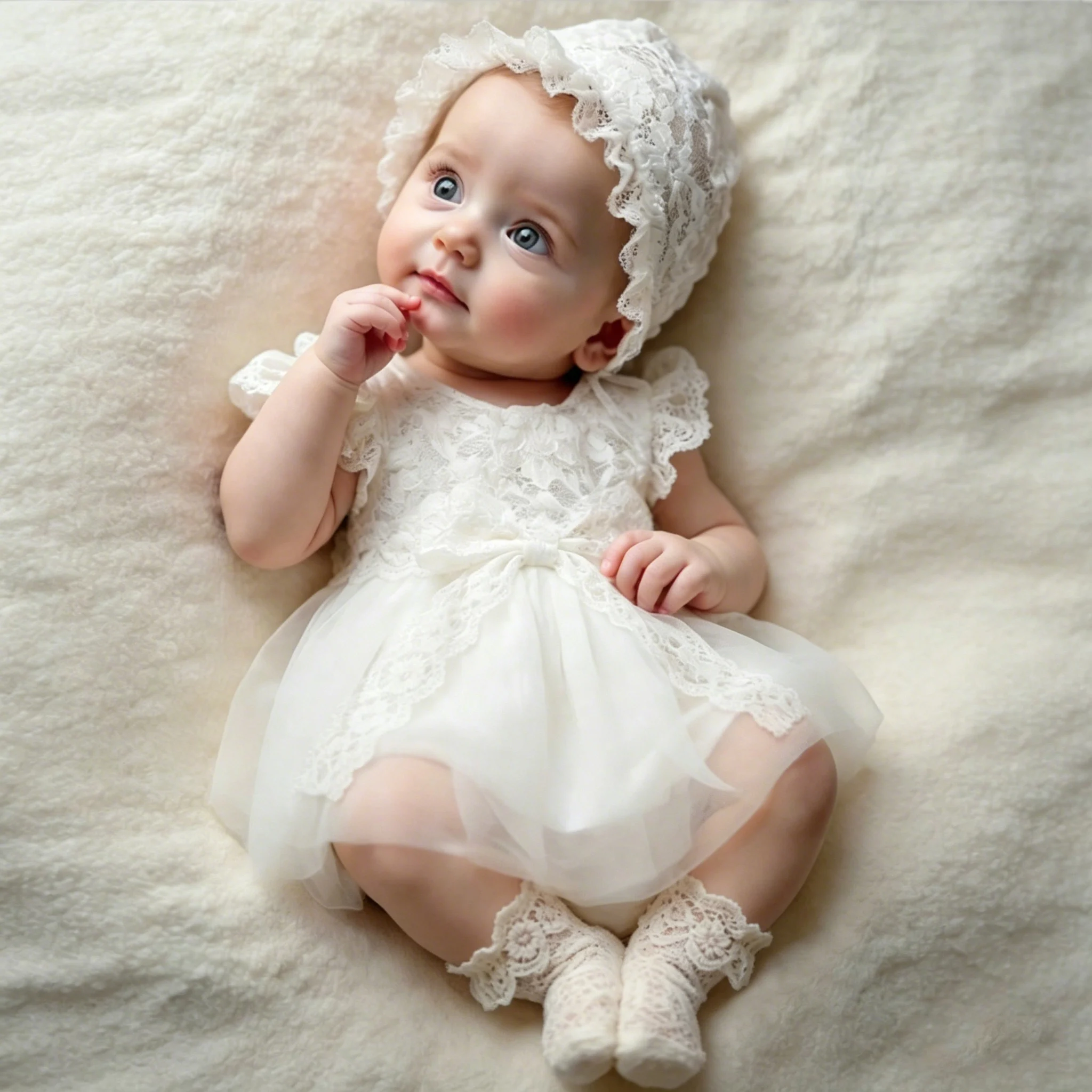 Neugeborenen-Fotografie Prinzessinnen-Outfit Baby-Mädchen Weißes Spitzen-Tüllkleid mit Hut Neugeborenen-Taufkleid Fotoshooting-Outfit