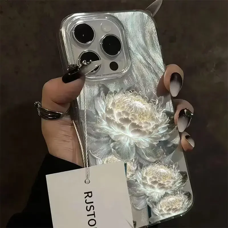 Five Golden Lotus Pattern Phone Case for IPhone 11 13 14 15 16 Pro Max 7 8 14 15 Plus X XS Max XR SE2 Feather Texture Hard Cover