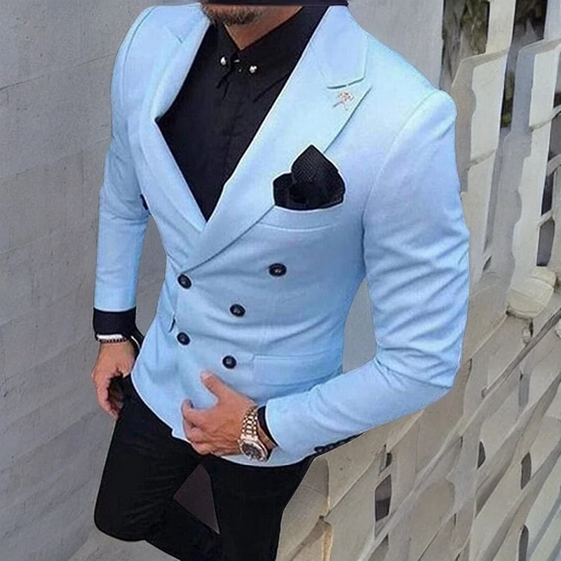 

Tailored Men's Coat Pant Casual Double Breasted Slim Fit Suit Sky Blue Tuxedo Groom Wedding Blazer Terno Masculino 2024