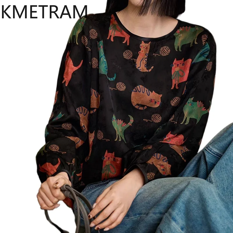 KMETRAM 100% Mulberry Silk Women T Shirts Xiangyun Sha Cute Cat Print Ladies Tops Casual T Shirt 2026 Summer Woman Clothes топ